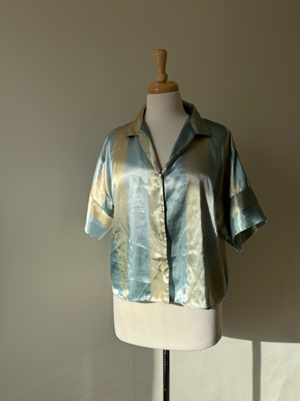 Midnight Bakery Satin Stripe Button Up Top M Blue Beige Silky Pajama Style Shirt